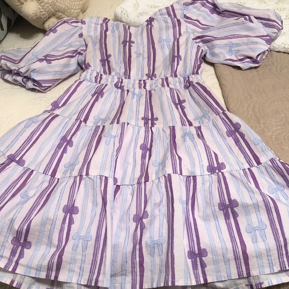 Girls Tiered Casual Dress with Purple and Light Blue Bow Stripes - Picture 1 of 5